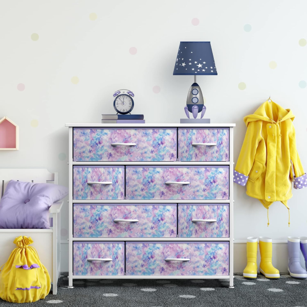 Sorbus Dresser with 8 Drawers - Furniture Storage Chest for Kid’S, Teens, Bedroom, Nursery, Playroom, Clothes, Toys - Steel Frame, Wood Top, Fabric Bins (Tie-Dye Purple)
