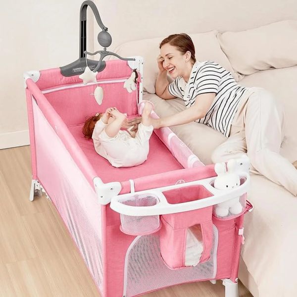 ANGELBLISS 5 in 1 Flat Bassinet Bedside Sleeper, Rocking Bassinet, Easy Folding Portable Playards, Pack and Play with Mattress, Diaper Changer and Music Mobile(Dark Grey)(0-12Months)