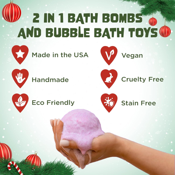 Christmas Bath Bomb for Kids with Surprise Bath Toys inside (Gift Set) - Stocking Stuffers for Boys and Girls - Holiday Bubble Bath with Cheerful Scent, USA Made by Two Sisters
