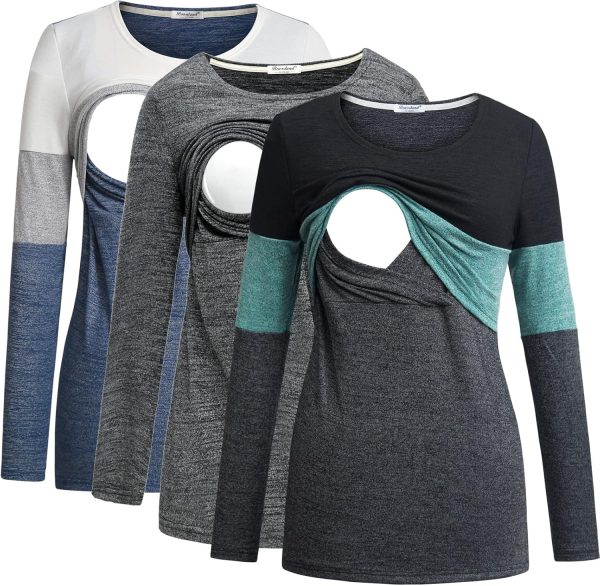 Bearsland Women'S 3 Packs Maternity Clothes Long Sleeves Breastfeeding Shirts Nursing Top