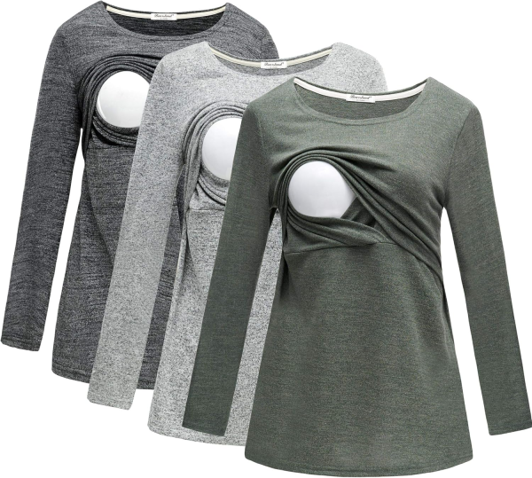 Bearsland Women'S 3 Packs Maternity Clothes Long Sleeves Breastfeeding Shirts Nursing Top