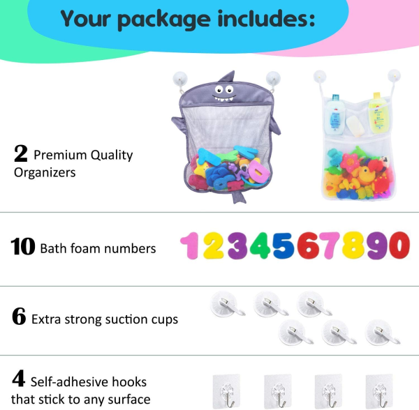 Comfylife Baby Bath Toy Organizer - Shark (2 Bath Toy Storage Nets, 8 Toy Numbers & 10 Strong Hooks) – Great Bath Net for Kids – Cute Bathtub Toy Organizer and Bath/Shower Caddy Storage Solution