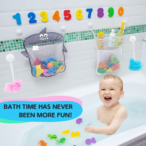 Comfylife Baby Bath Toy Organizer - Shark (2 Bath Toy Storage Nets, 8 Toy Numbers & 10 Strong Hooks) – Great Bath Net for Kids – Cute Bathtub Toy Organizer and Bath/Shower Caddy Storage Solution