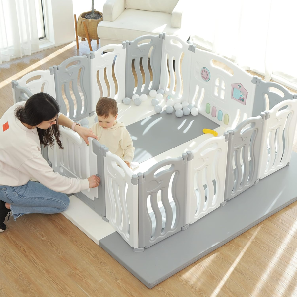 Baby Playpen Kids Activity Centre Safety Play Yard Home Indoor Outdoor New Pen (14 Panels Ocean White)