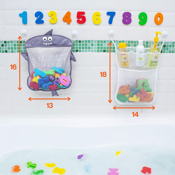 Comfylife Baby Bath Toy Organizer - Shark (2 Bath Toy Storage Nets, 8 Toy Numbers & 10 Strong Hooks) – Great Bath Net for Kids – Cute Bathtub Toy Organizer and Bath/Shower Caddy Storage Solution