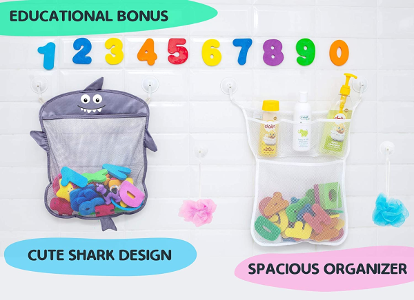 Comfylife Baby Bath Toy Organizer - Shark (2 Bath Toy Storage Nets, 8 Toy Numbers & 10 Strong Hooks) – Great Bath Net for Kids – Cute Bathtub Toy Organizer and Bath/Shower Caddy Storage Solution