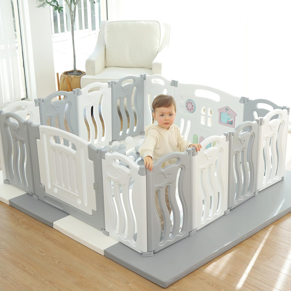 Baby Playpen Kids Activity Centre Safety Play Yard Home Indoor Outdoor New Pen (14 Panels Ocean White)