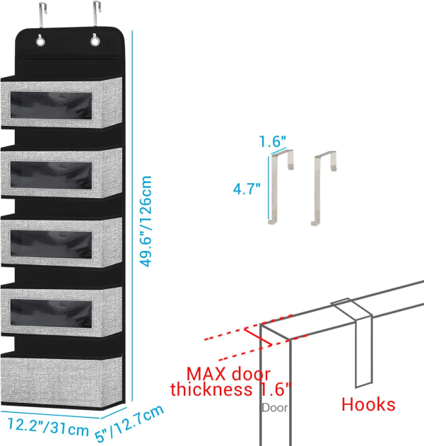 Homyfort over the Door Organizer, 5 Pockets, Breathable Eco-Friendly Fabric, Space Saving, Clear Plastic Fronts, Foldable, 126X31X12.7Cm